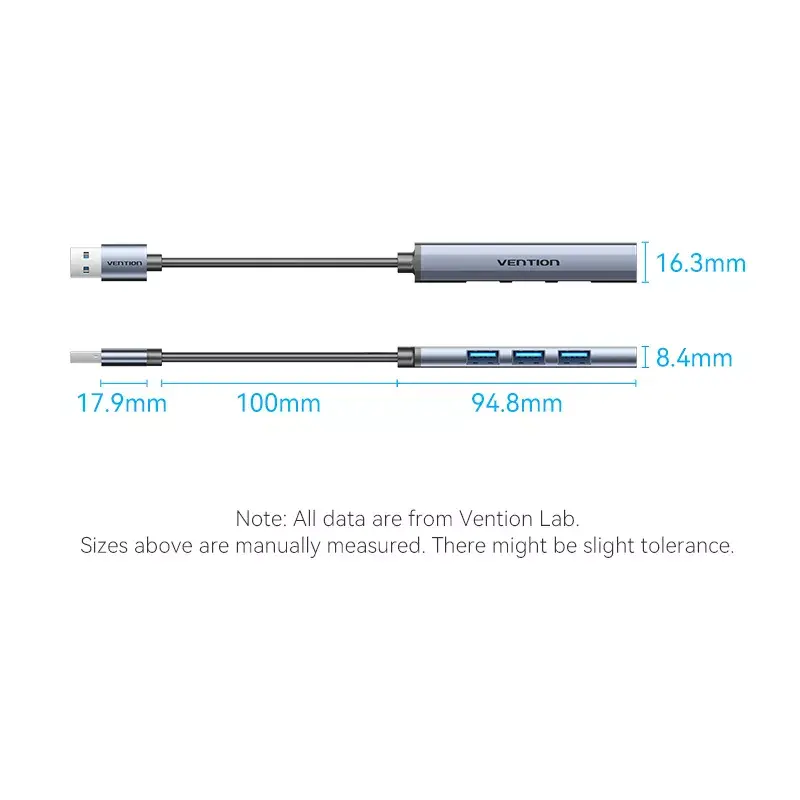 USB hub Vention CKOHB — 4-port USB 3.2 Gen 1/USB 2.0 hub, 0.15 m cable, grey aluminium