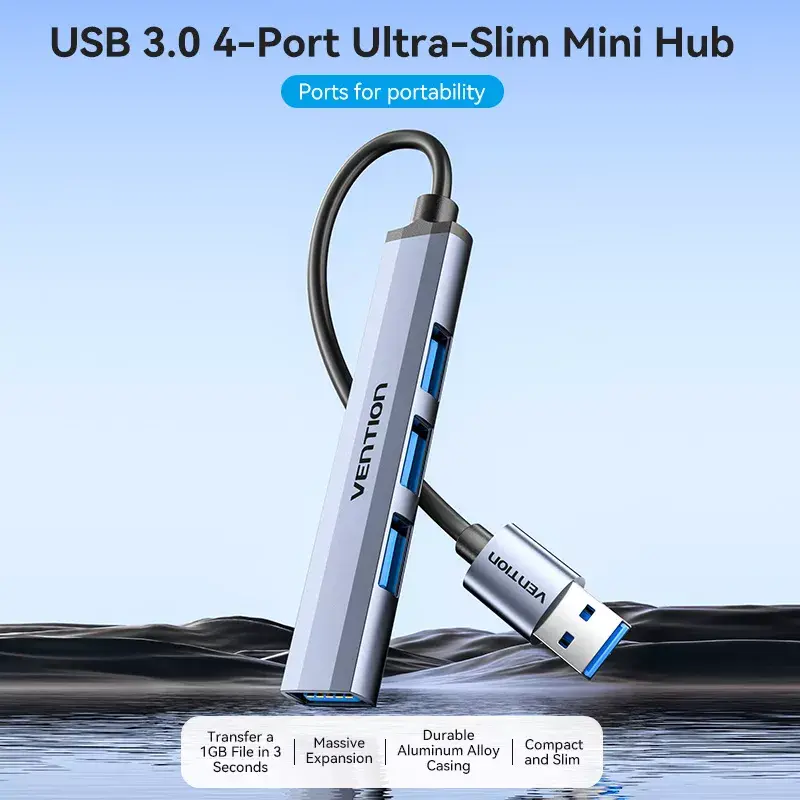 USB hub Vention CKOHB — 4-port USB 3.2 Gen 1/USB 2.0 hub, 0.15 m cable, grey aluminium