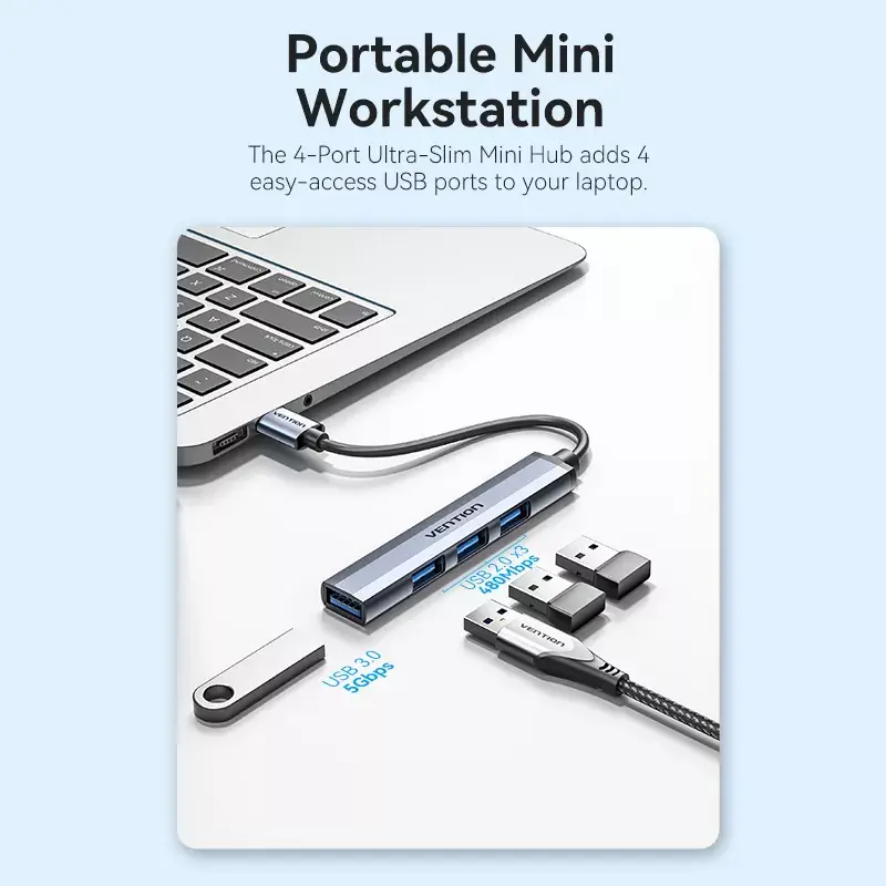 USB hub Vention CKOHB — 4-port USB 3.2 Gen 1/USB 2.0 hub, 0.15 m cable, grey aluminium