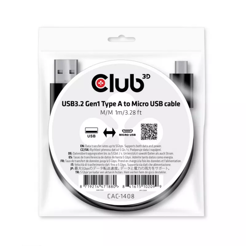 USB 3.2 Gen1 Type-A to Micro USB Cable M/M 1m CLUB3D CAC-1408