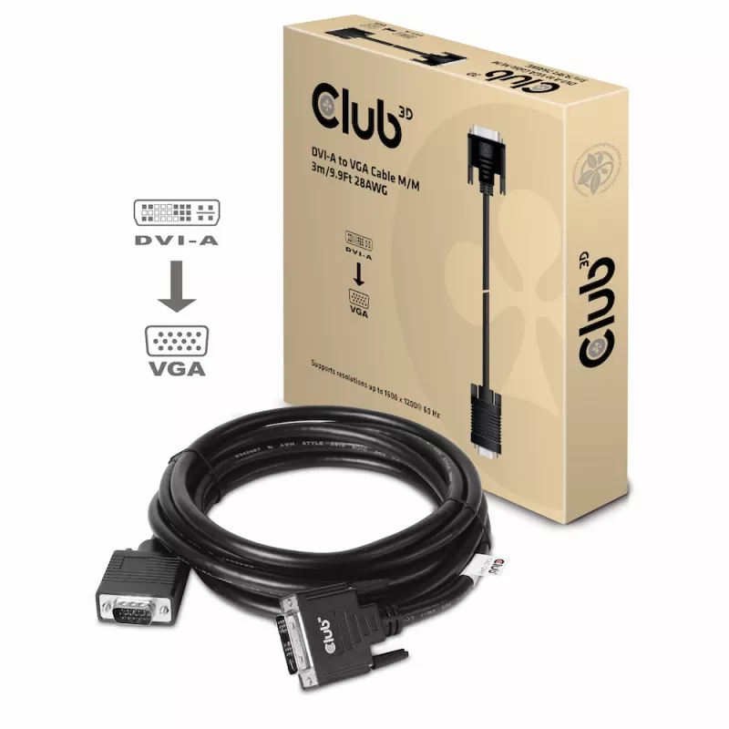 DVI-A to VGA Cable M/M CLUB3D CAC-1243 3m 28 AWG Black