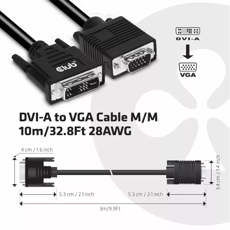 DVI-A to VGA Cable M/M CLUB3D CAC-1243 3m 28 AWG Black