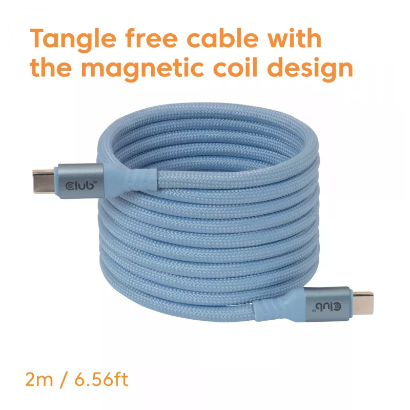 CLUB3D USB-C® Magnetic-Coil 240W PD3.1 Blue Cable 2m / 6.56ft Fast Charging