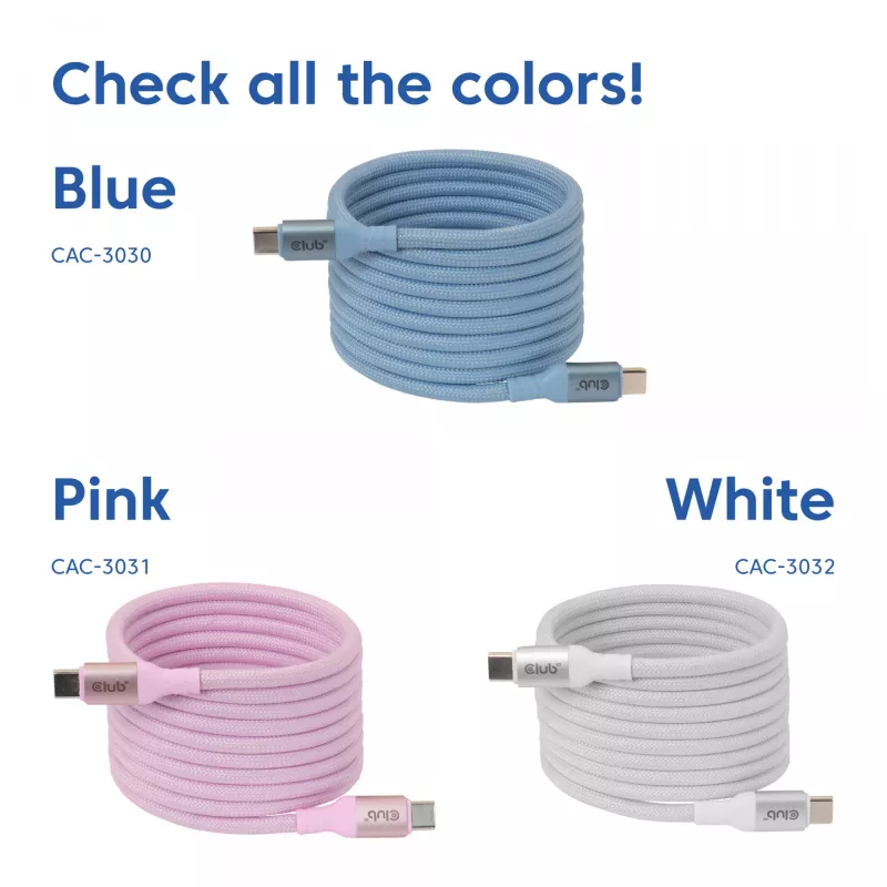 CLUB3D USB-C® Magnetic-Coil 240W PD3.1 Blue Cable 2m / 6.56ft Fast Charging