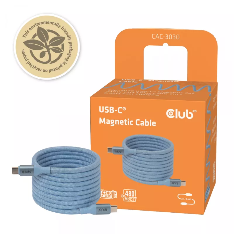 CLUB3D USB-C® Magnetic-Coil 240W PD3.1 Blue Cable 2m / 6.56ft Fast Charging