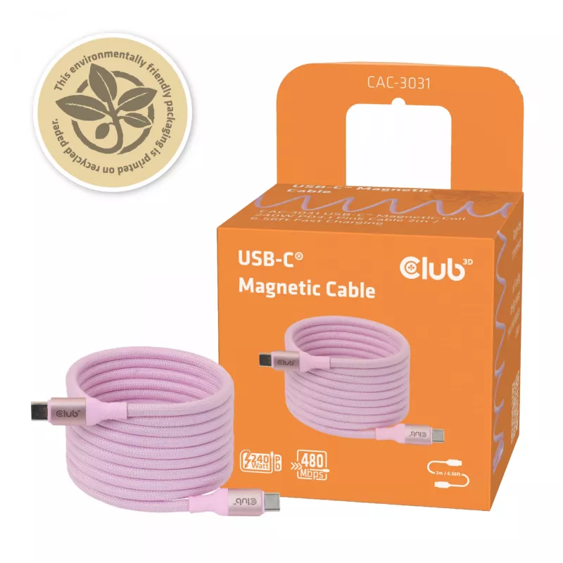CLUB3D USB-C Magnetic-Coil 240W Pink Cable 2m USB 2.0