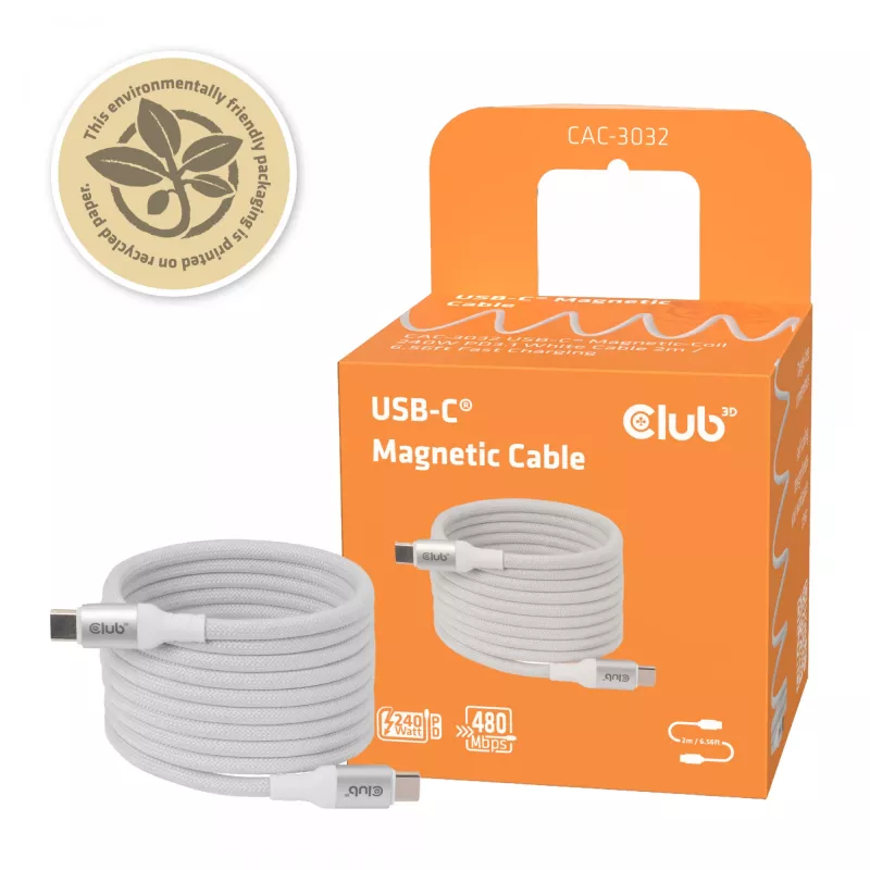 USB-C Magnetic-Coil cable Club 3D CAC-3032 — white, magnetic coil design for charging and data transfer