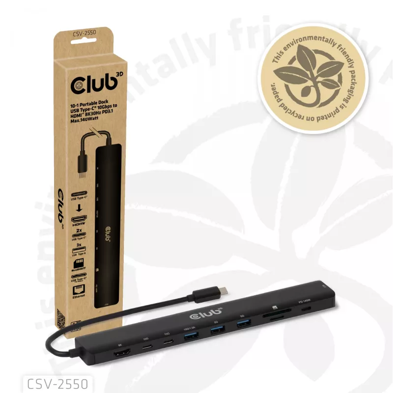 CLUB3D 10-1 Portable Dock USB Type-C® 10Gbps to HDMI™ 8K30Hz PD3.1 Max.140Watt
