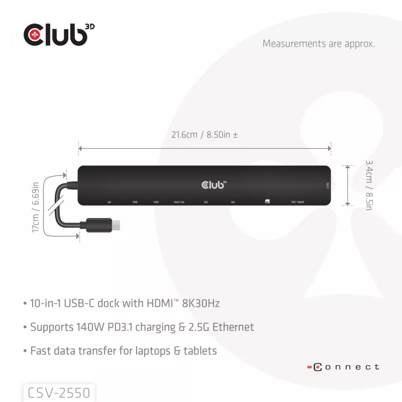 CLUB3D 10-1 Portable Dock USB Type-C® 10Gbps to HDMI™ 8K30Hz PD3.1 Max.140Watt