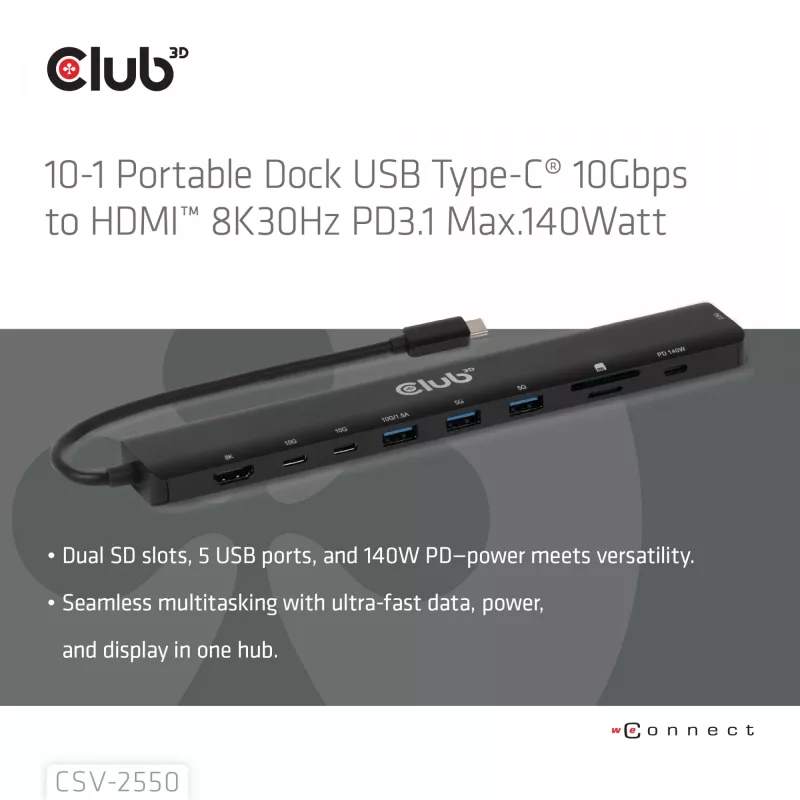 CLUB3D 10-1 Portable Dock USB Type-C® 10Gbps to HDMI™ 8K30Hz PD3.1 Max.140Watt