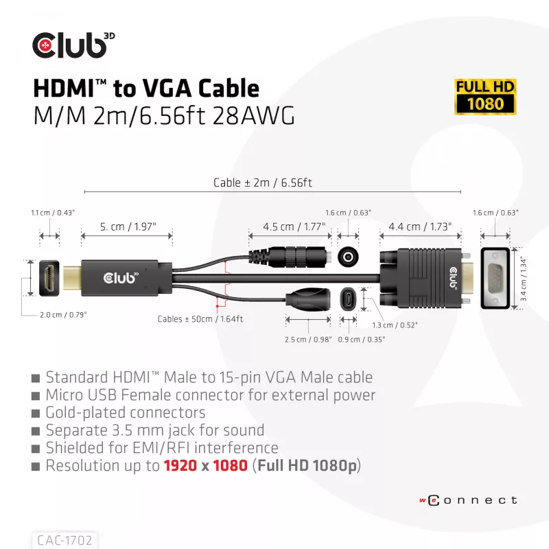CLUB3D HDMI to VGA Cable M/M 2m/6.56ft 28AWG
