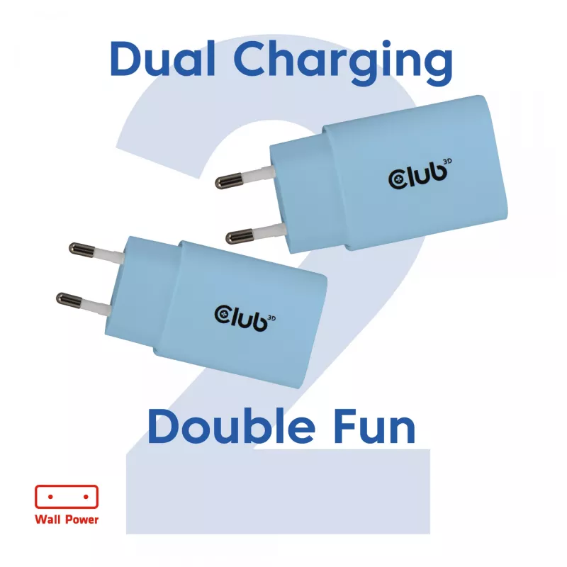 CLUB3D 2-Pack USB C Charger 30 Watt Whit, Indoor, AC, Blue