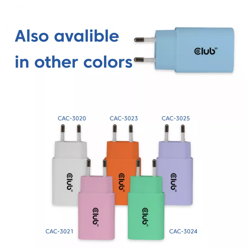 CLUB3D 2-Pack USB C Charger 30 Watt Whit, Indoor, AC, Blue
