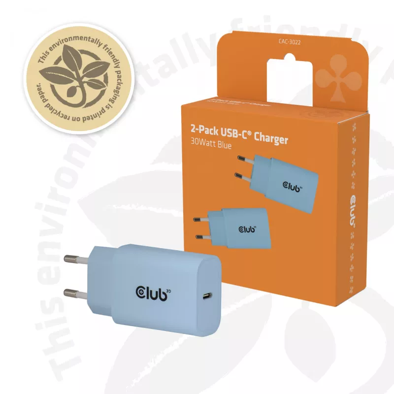 CLUB3D 2-Pack USB C Charger 30 Watt Whit, Indoor, AC, Blue