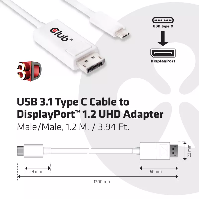 Club 3D CAC-1517 USB-C to DisplayPort 1.2 Adapter Cable, 4K UHD 60Hz, White, 1.2m