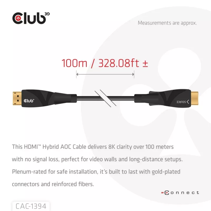 CLUB3D CAC-1394 Ultra High Speed AOC Cable 4K120Hz/8K60Hz Unidirectional M/M 100m