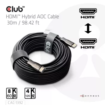 CLUB3D HDMI™ Hybrid AOC Cable 8K60Hz/4K120Hz 30m / 98.42 ft, 30 m, HDMI Type A (Standard), HDMI Type A (Standard), 48 Gbit/s, Black