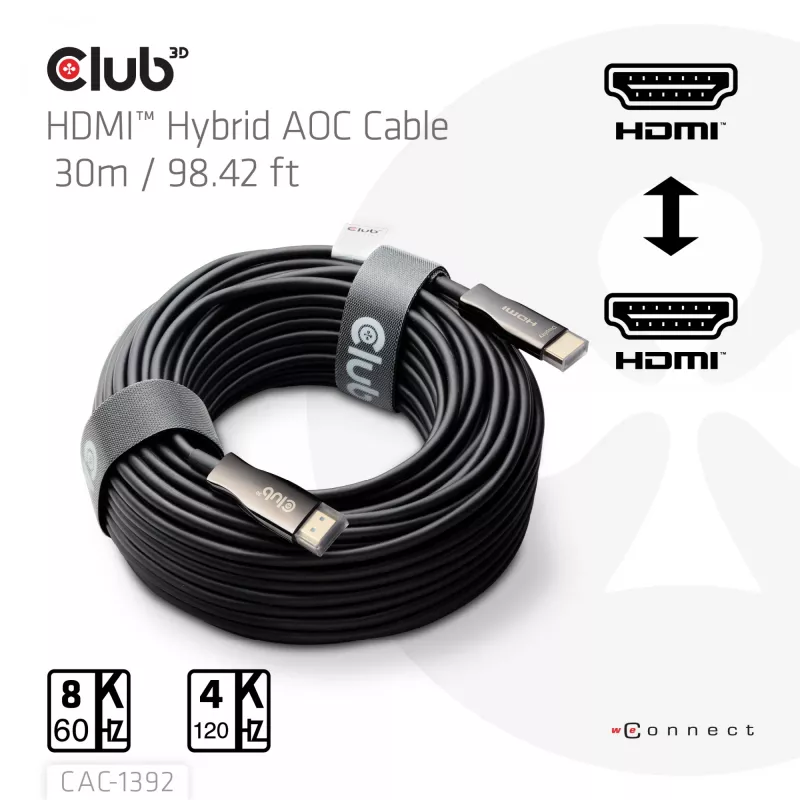 CLUB3D HDMI™ Hybrid AOC Cable 8K60Hz/4K120Hz 30m / 98.42 ft, 30 m, HDMI Type A (Standard), HDMI Type A (Standard), 48 Gbit/s, Black