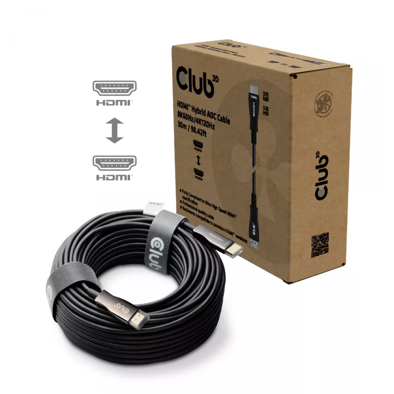 CLUB3D HDMI™ Hybrid AOC Cable 8K60Hz/4K120Hz 30m / 98.42 ft, 30 m, HDMI Type A (Standard), HDMI Type A (Standard), 48 Gbit/s, Black