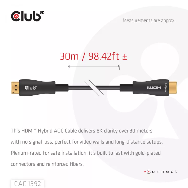 CLUB3D HDMI™ Hybrid AOC Cable 8K60Hz/4K120Hz 30m / 98.42 ft, 30 m, HDMI Type A (Standard), HDMI Type A (Standard), 48 Gbit/s, Black