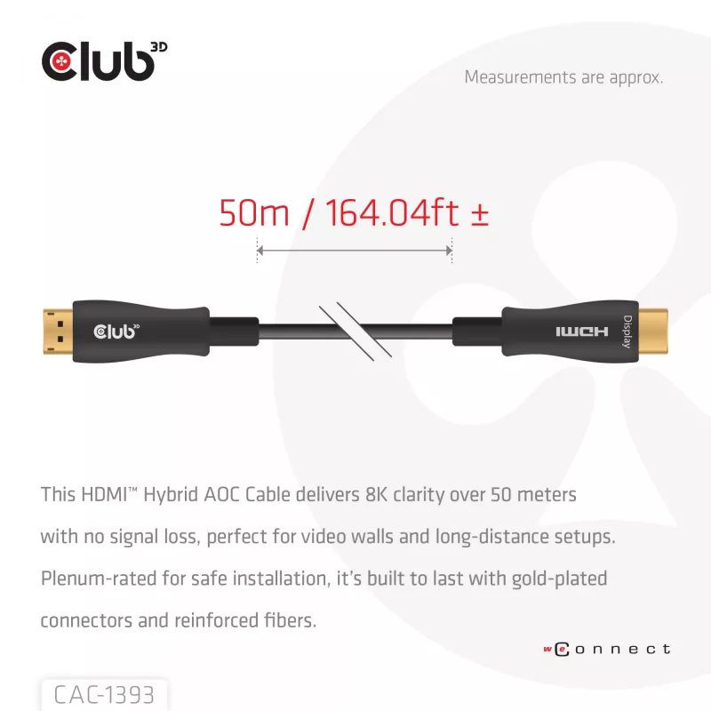 Club 3D HDMI Hybrid AOC Cable 8K60Hz / 4K120Hz 50 m, HDMI Type A Male–Male