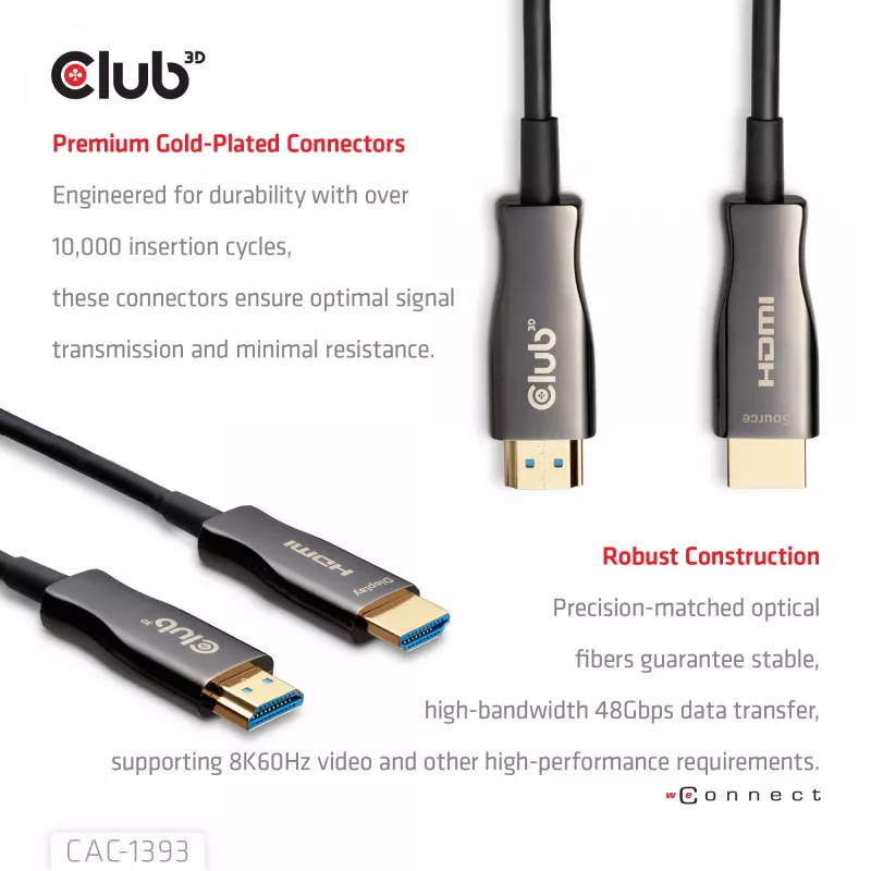 Club 3D HDMI Hybrid AOC Cable 8K60Hz / 4K120Hz 50 m, HDMI Type A Male–Male