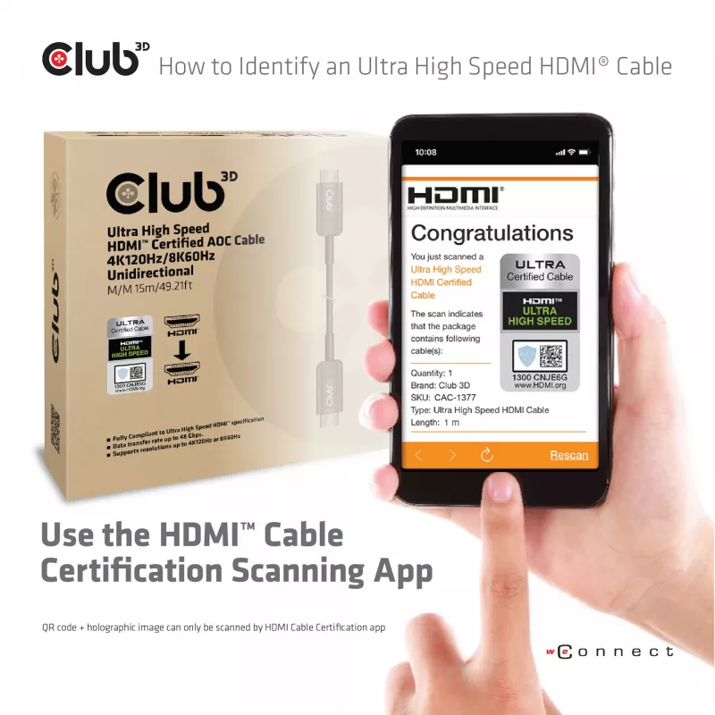 CLUB3D Ultra High Speed HDMI™ Certified AOC Cable 4K120Hz/8K60Hz Unidirectional M/M 15m/49.21ft