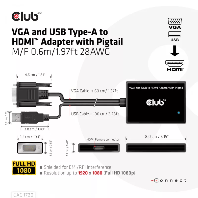 CLUB3D VGA and USB Type-A to HDMI Adapter with Pigtail M/F 0.6m/1.97ft 28AWG