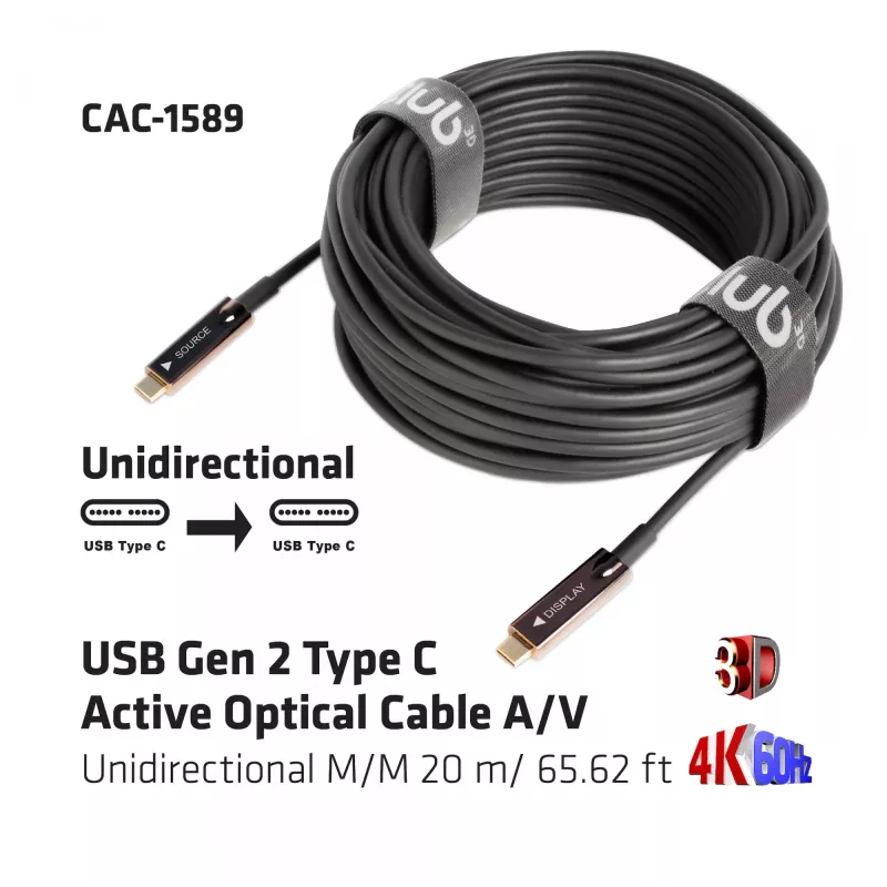 CLUB3D USB Gen 2 Type C Active Optical Cable A/V Unidirectional M/M 20 m/ 65.62 ft