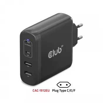 CLUB3D Travel Charger 100W GaN technology, Four port USB Type-A(2x) and -C(2x), Power Delivery(PD) 3.0 Support