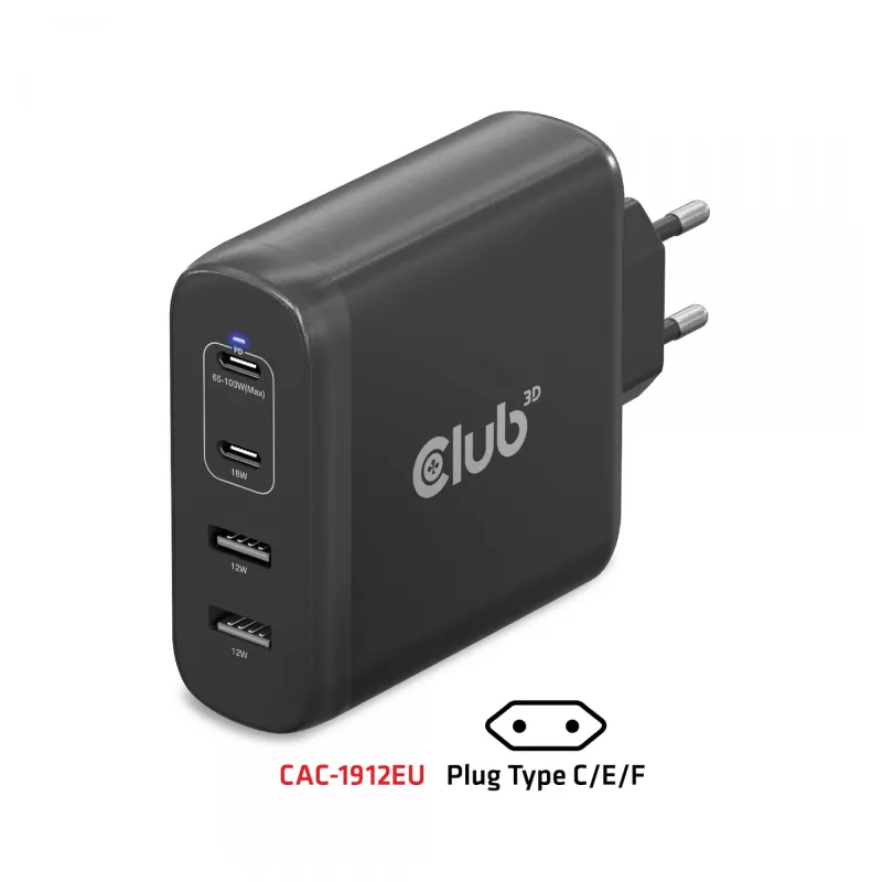 CLUB3D Travel Charger 100W GaN technology, Four port USB Type-A(2x) and -C(2x), Power Delivery(PD) 3.0 Support