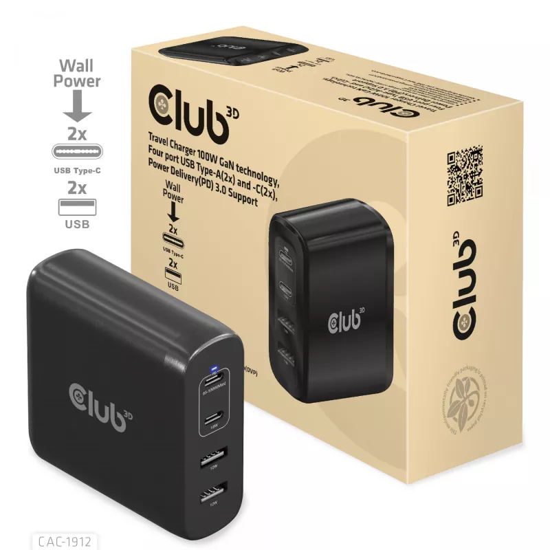 CLUB3D Travel Charger 100W GaN technology, Four port USB Type-A(2x) and -C(2x), Power Delivery(PD) 3.0 Support