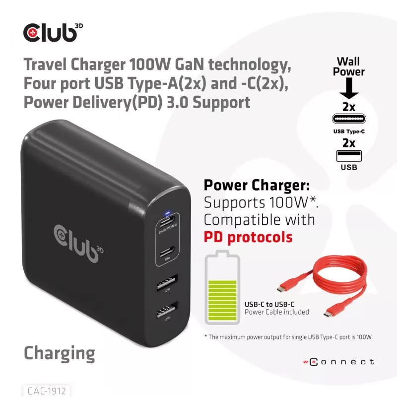 CLUB3D Travel Charger 100W GaN technology, Four port USB Type-A(2x) and -C(2x), Power Delivery(PD) 3.0 Support