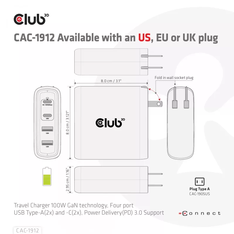 CLUB3D Travel Charger 100W GaN technology, Four port USB Type-A(2x) and -C(2x), Power Delivery(PD) 3.0 Support
