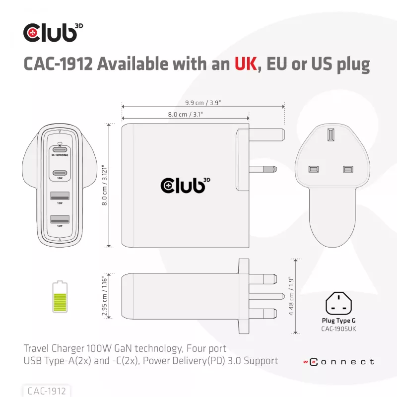 CLUB3D Travel Charger 100W GaN technology, Four port USB Type-A(2x) and -C(2x), Power Delivery(PD) 3.0 Support