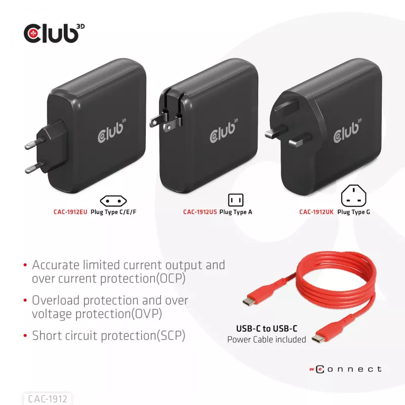 CLUB3D Travel Charger 100W GaN technology, Four port USB Type-A(2x) and -C(2x), Power Delivery(PD) 3.0 Support