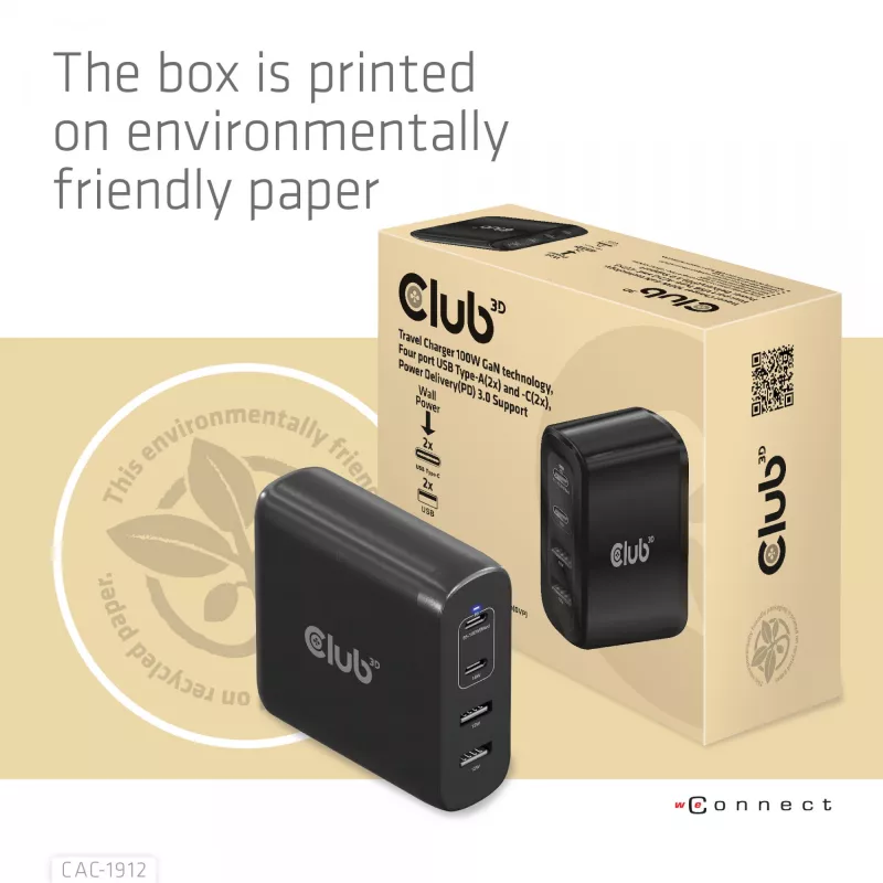 CLUB3D Travel Charger 100W GaN technology, Four port USB Type-A(2x) and -C(2x), Power Delivery(PD) 3.0 Support