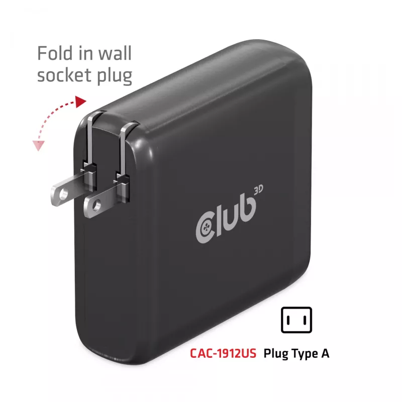 CLUB3D Travel Charger 100W GaN technology, Four port USB Type-A(2x) and -C(2x), Power Delivery(PD) 3.0 Support