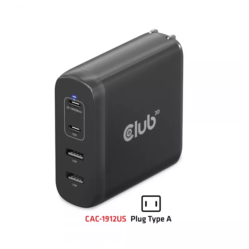 CLUB3D Travel Charger 100W GaN technology, Four port USB Type-A(2x) and -C(2x), Power Delivery(PD) 3.0 Support