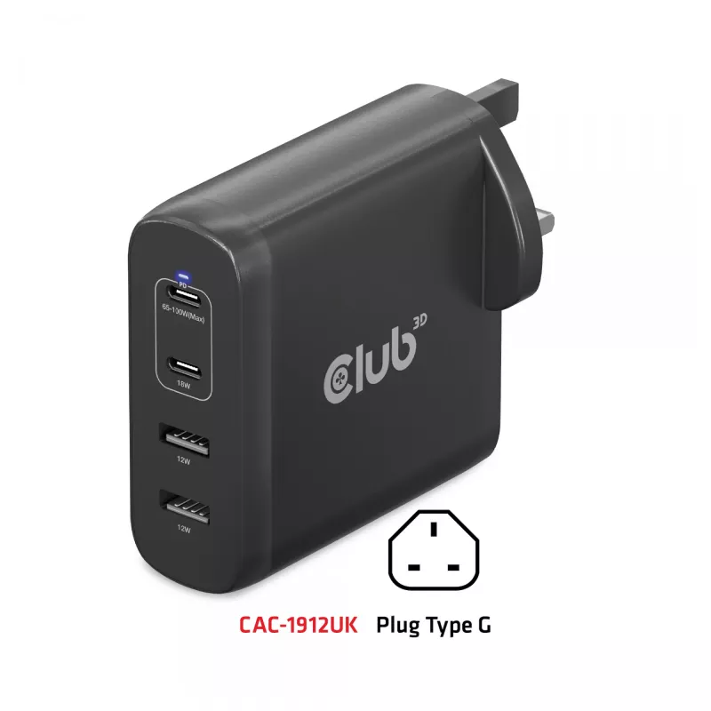 CLUB3D Travel Charger 100W GaN technology, Four port USB Type-A(2x) and -C(2x), Power Delivery(PD) 3.0 Support