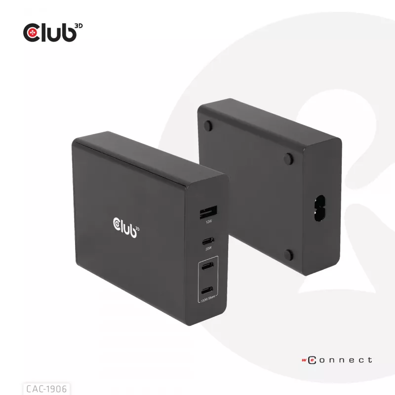 CLUB3D Travel Charger 132W GAN technology, Four port USB Type-A and -C, Power Delivery(PD) 3.0 Support