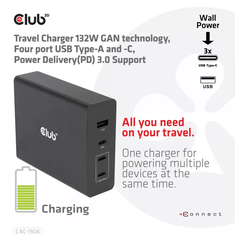 CLUB3D Travel Charger 132W GAN technology, Four port USB Type-A and -C, Power Delivery(PD) 3.0 Support