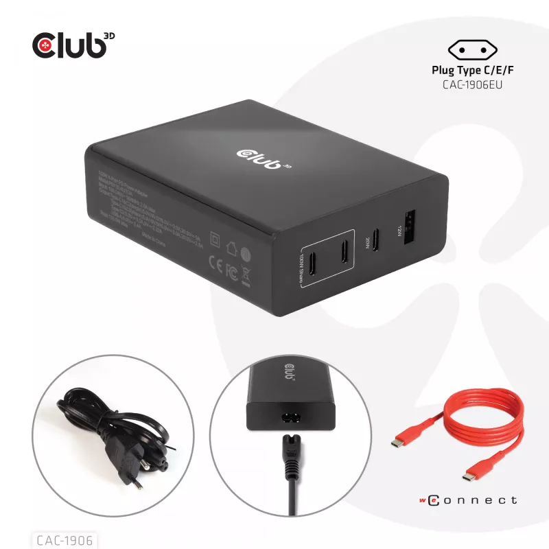 CLUB3D Travel Charger 132W GAN technology, Four port USB Type-A and -C, Power Delivery(PD) 3.0 Support
