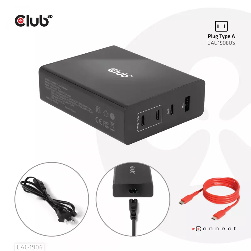 CLUB3D Travel Charger 132W GAN technology, Four port USB Type-A and -C, Power Delivery(PD) 3.0 Support