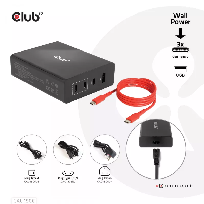 CLUB3D Travel Charger 132W GAN technology, Four port USB Type-A and -C, Power Delivery(PD) 3.0 Support