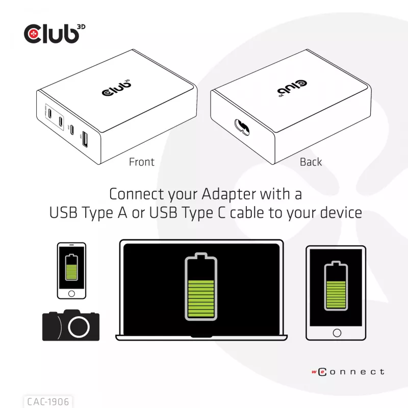 CLUB3D Travel Charger 132W GAN technology, Four port USB Type-A and -C, Power Delivery(PD) 3.0 Support