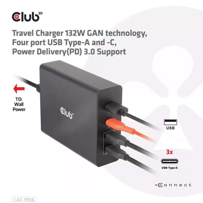 CLUB3D Travel Charger 132W GAN technology, Four port USB Type-A and -C, Power Delivery(PD) 3.0 Support