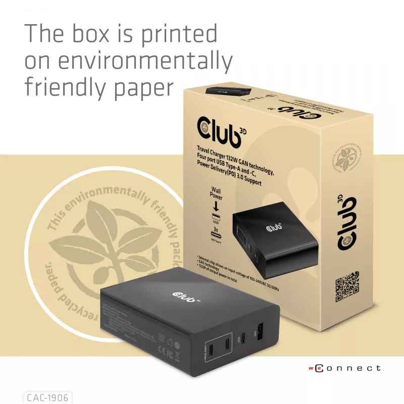 CLUB3D Travel Charger 132W GAN technology, Four port USB Type-A and -C, Power Delivery(PD) 3.0 Support