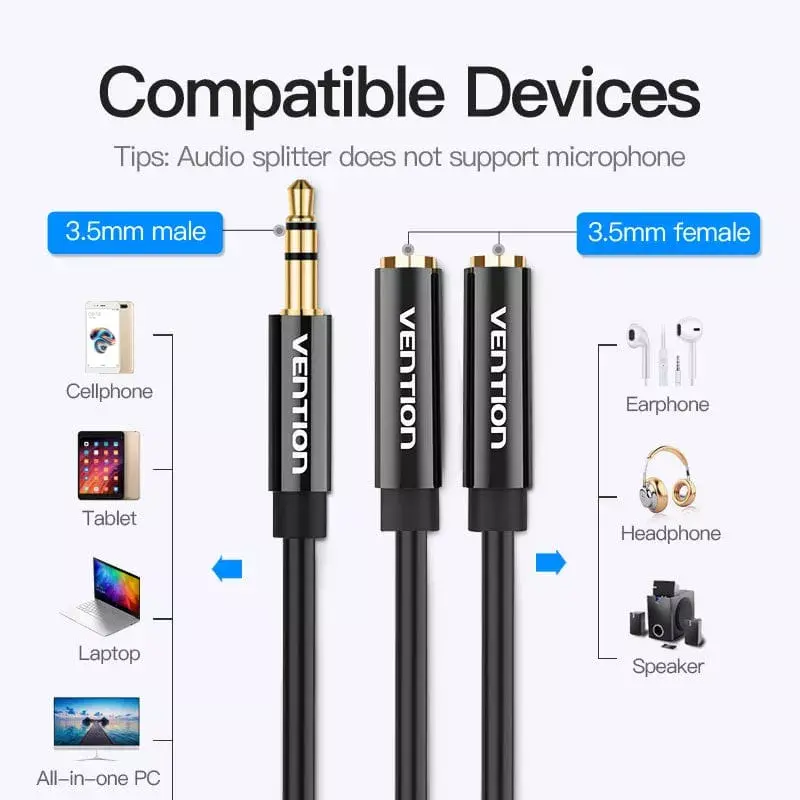 Vention 3.5mm Male to 2*3.5mm Female Stereo Splitter Cable 0.3M Black ABS