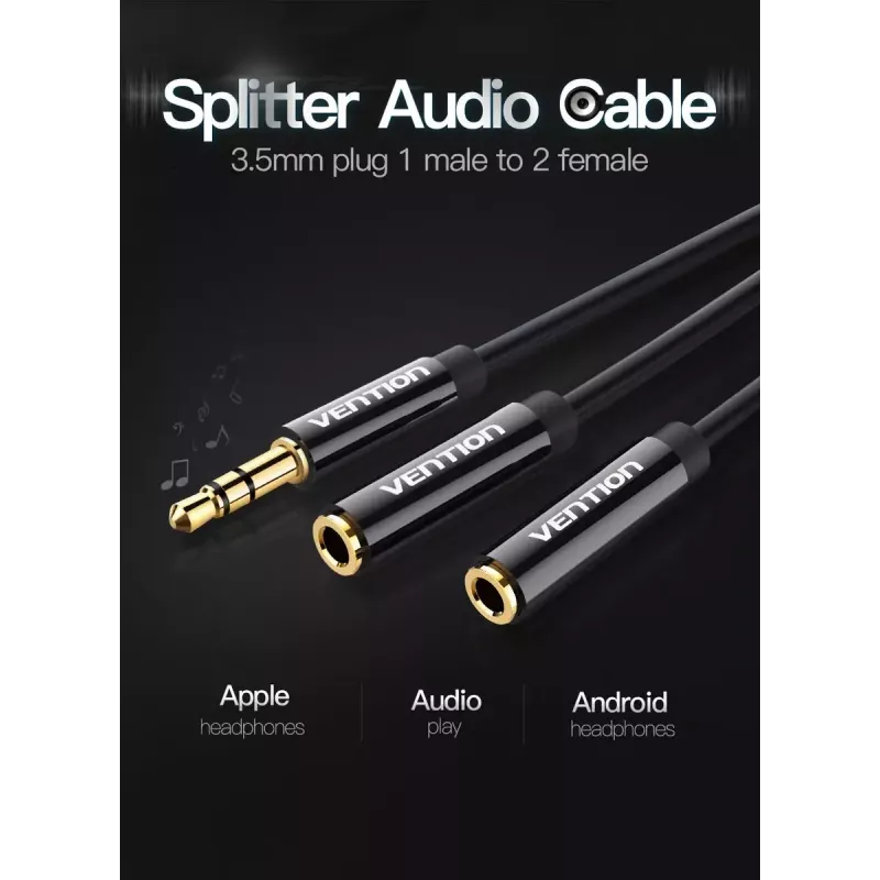 Vention 3.5mm Male to 2*3.5mm Female Stereo Splitter Cable 0.3M Black ABS
